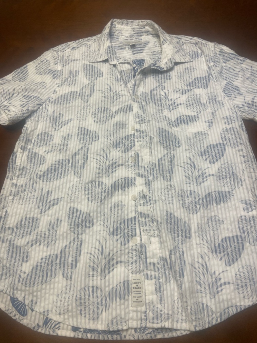 Lucky Brand Men's Short-Sleeve White and Light Blue Printed Button-Down Shirt